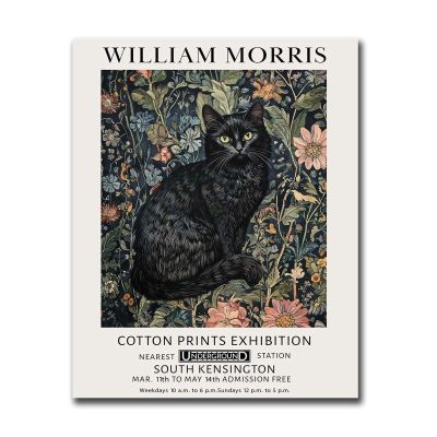 HSCFWYLN Poster Wall Art Print William Morris Print Exhibition Poster Black Cat Floral Wall Art Print Poster Modern Home and Bedroom Decoration 16x24inch