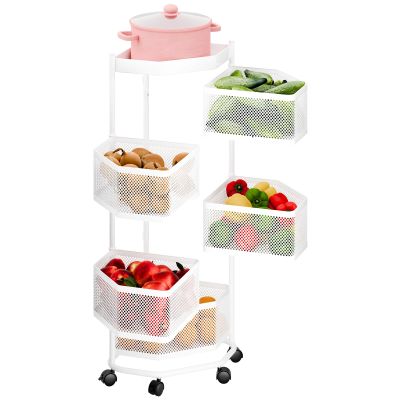 qorkhogr Rotating Storage Rack for Kitchen,5 Tiers Vegetable Fruit Storage Basket with Wheels Triangular Standing Metal Rolling Storage Cart Mobile Utility Cart for Bathroom, Living Room White