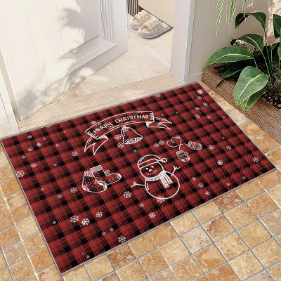 2' x 6' Rug Christmas White Snowman Area Rug, Red and Black Christmas Plaid Rugs for Living Room, with Anti-Slip Backing Washable Indoor Carpet for Bedroom Study Dining Room