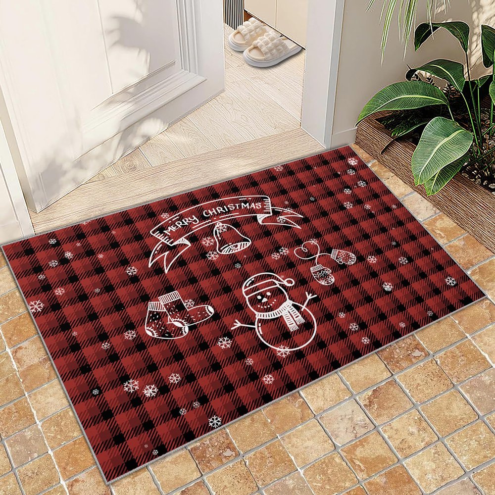 2' x 6' Rug Christmas White Snowman Area Rug, Red and Black Christmas Plaid Rugs for Living Room, with Anti-Slip Backing Washable Indoor Carpet for Bedroom Study Dining Room