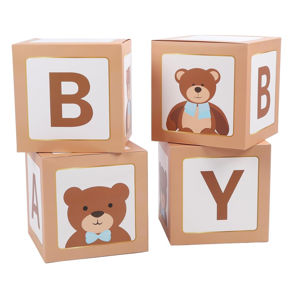 4Pcs 11.81inch Bear Baby Balloon Boxes, Baby Shower Decorations Baby Boxes with BABY Letter, Brown Baby Boxes Letters Blocks for Gender Reveal Party Decorations