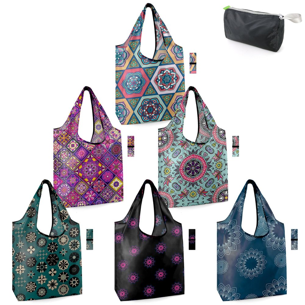BeeGreen Boho Gifts for Women Geometric Reusable Grocery Bags Mandala Shopping Bags Bulk 6 Pack 50LBS X-Large Foldable-Machine Washable-Heavy Duty Mandana Yoga Gifts