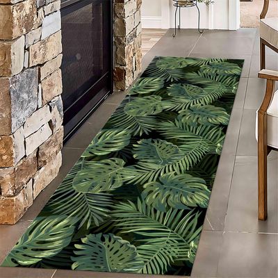 Tropical Plants Runner Rugs, 2x10ft, Modern Deco Carpet with Printed Green Natural Palm Leaves Monstera on Black Background Hawaii Summer Fresh Botanical Mats for Dinning Room Bathroom Kitchen