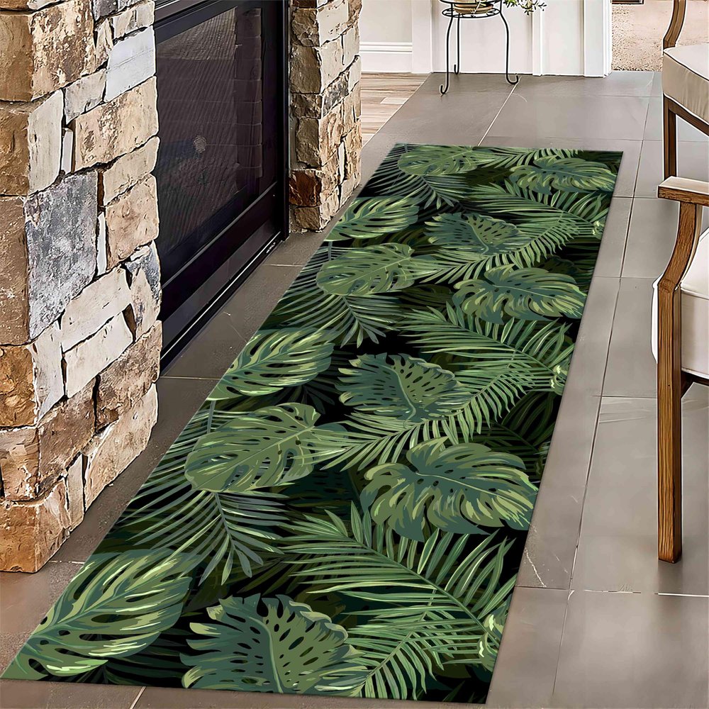 Tropical Plants Runner Rugs, 2x10ft, Modern Deco Carpet with Printed Green Natural Palm Leaves Monstera on Black Background Hawaii Summer Fresh Botanical Mats for Dinning Room Bathroom Kitchen