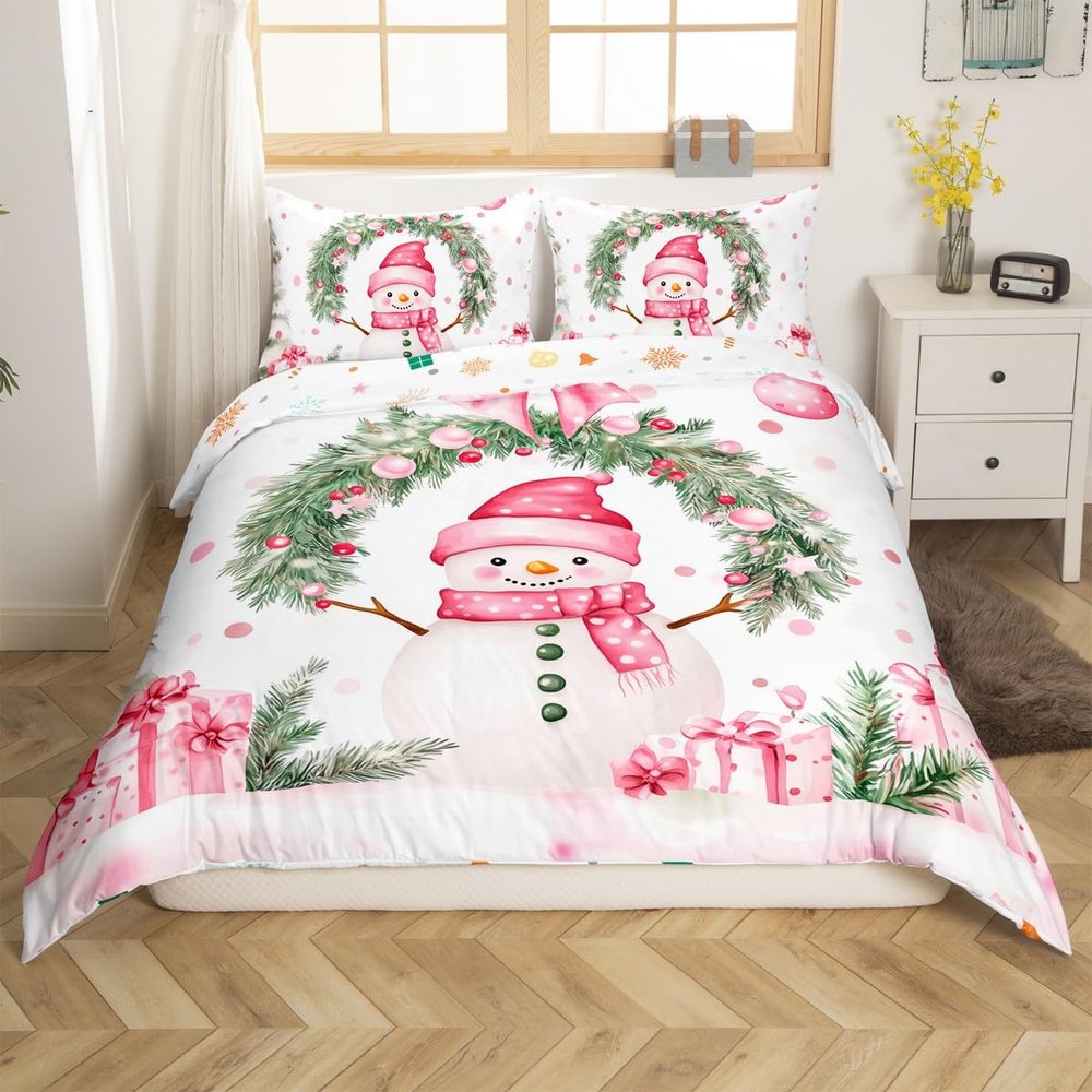 Manfei Christmas Kids Duvet Cover Set King Size, Cute Snowman Holly Leaf Bedding Set for Boys Girls Adult, Pink Bowknot Xmas Comforter Cover, Lightweight Bedspread Cover, 2 Pillowcases, No Comforter