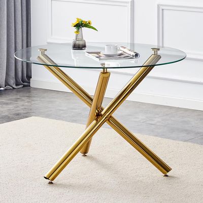 42" Glass Round Table with Gold Base, Round Glass Dining Room Table for 2 to 4 Person, Modern Tempered Glass Top, Sturdy Chrome Gold Legs, Kitchen Table for Living Room, Dining Room, Tea, Home, Coffee