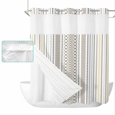 SEVENBABU Boho Striped No Hook Shower Curtain with Snap in Liner Waterproof Fabric Shower Curtain Set for Bathroom Modern Geometric Plaid Brown Shower Curtain with See Through Top Window 48"x72"