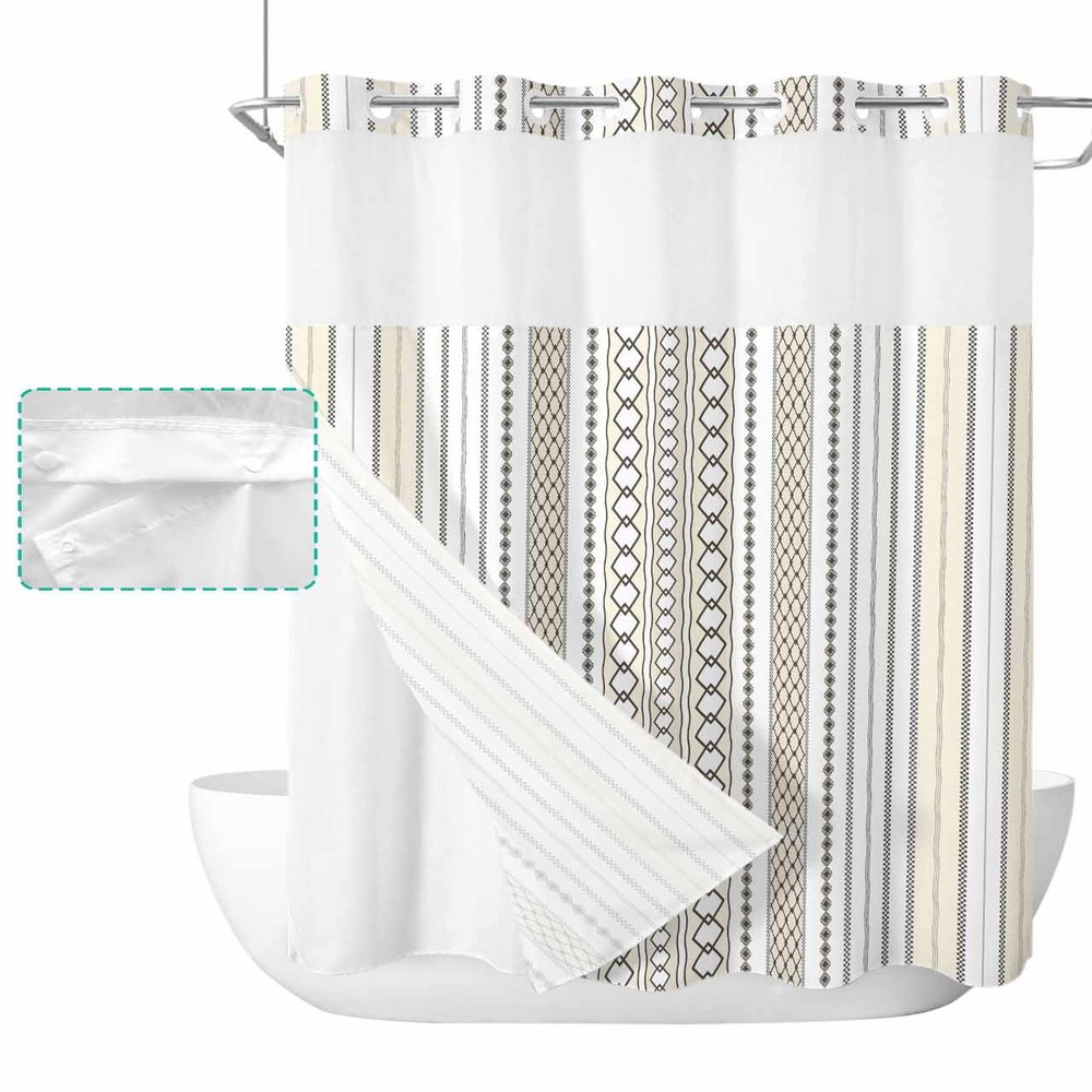 SEVENBABU Boho Striped No Hook Shower Curtain with Snap in Liner Waterproof Fabric Shower Curtain Set for Bathroom Modern Geometric Plaid Brown Shower Curtain with See Through Top Window 48"x72"