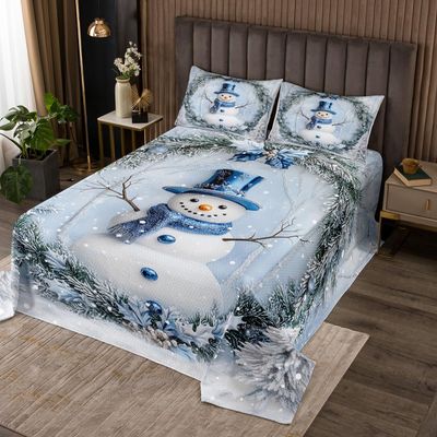 Manfei Christmas Kids Bedspread Twin Size, Cute Snowman Xmas Coverlet Set for Boys Girls Room Decor, Western New Year Quilted Coverlet with 1 Pillowcase, Soft Polyester Bedding Quilt