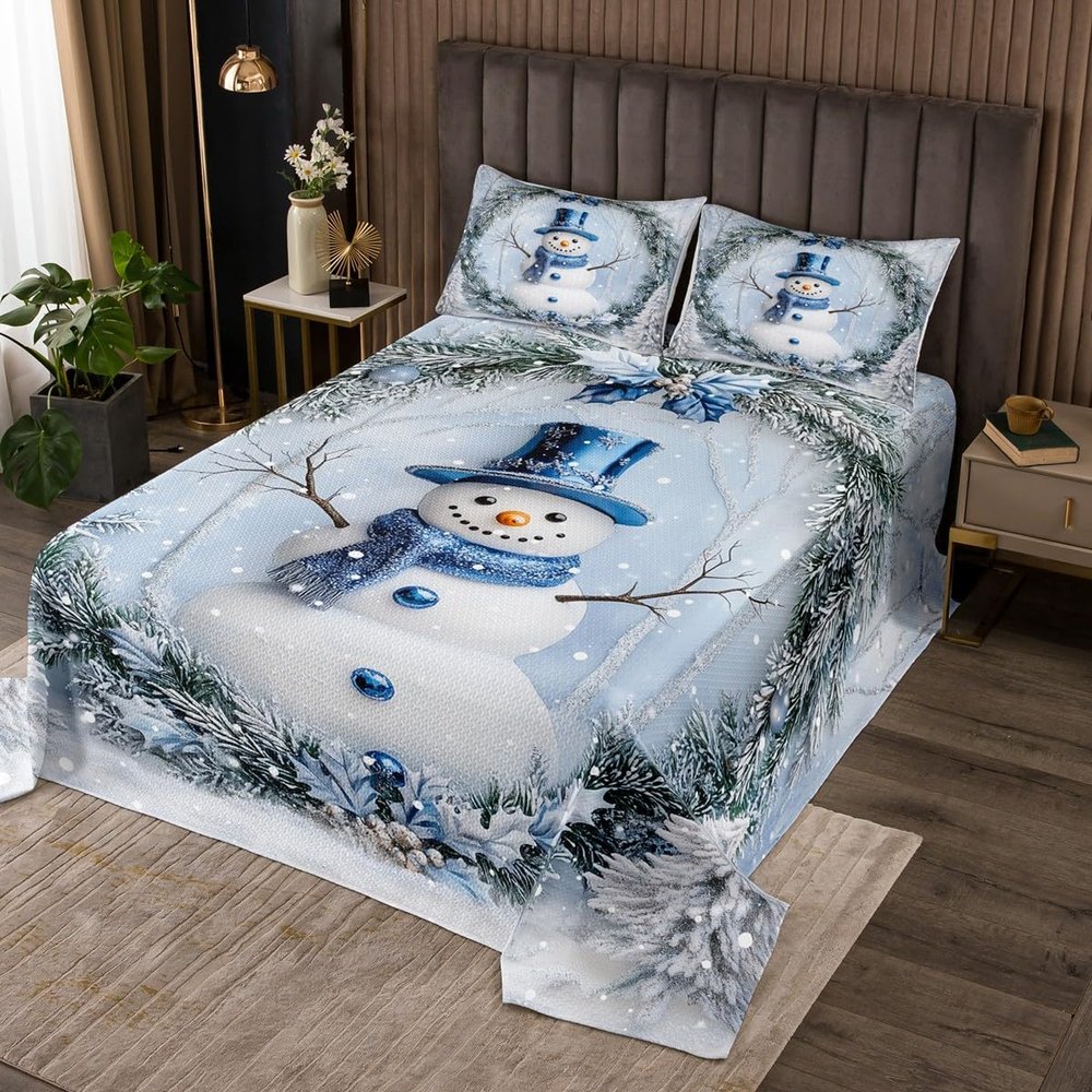 Manfei Christmas Kids Bedspread Twin Size, Cute Snowman Xmas Coverlet Set for Boys Girls Room Decor, Western New Year Quilted Coverlet with 1 Pillowcase, Soft Polyester Bedding Quilt
