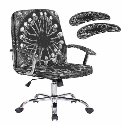 Kewadony Office Chair Cover with Armrest Covers Stretchable, Black Skull Skeleton Removable Universal Computer Chair Covers, Halloween Vintage Spooky Scary Slipcovers for Rotating Chair, Large