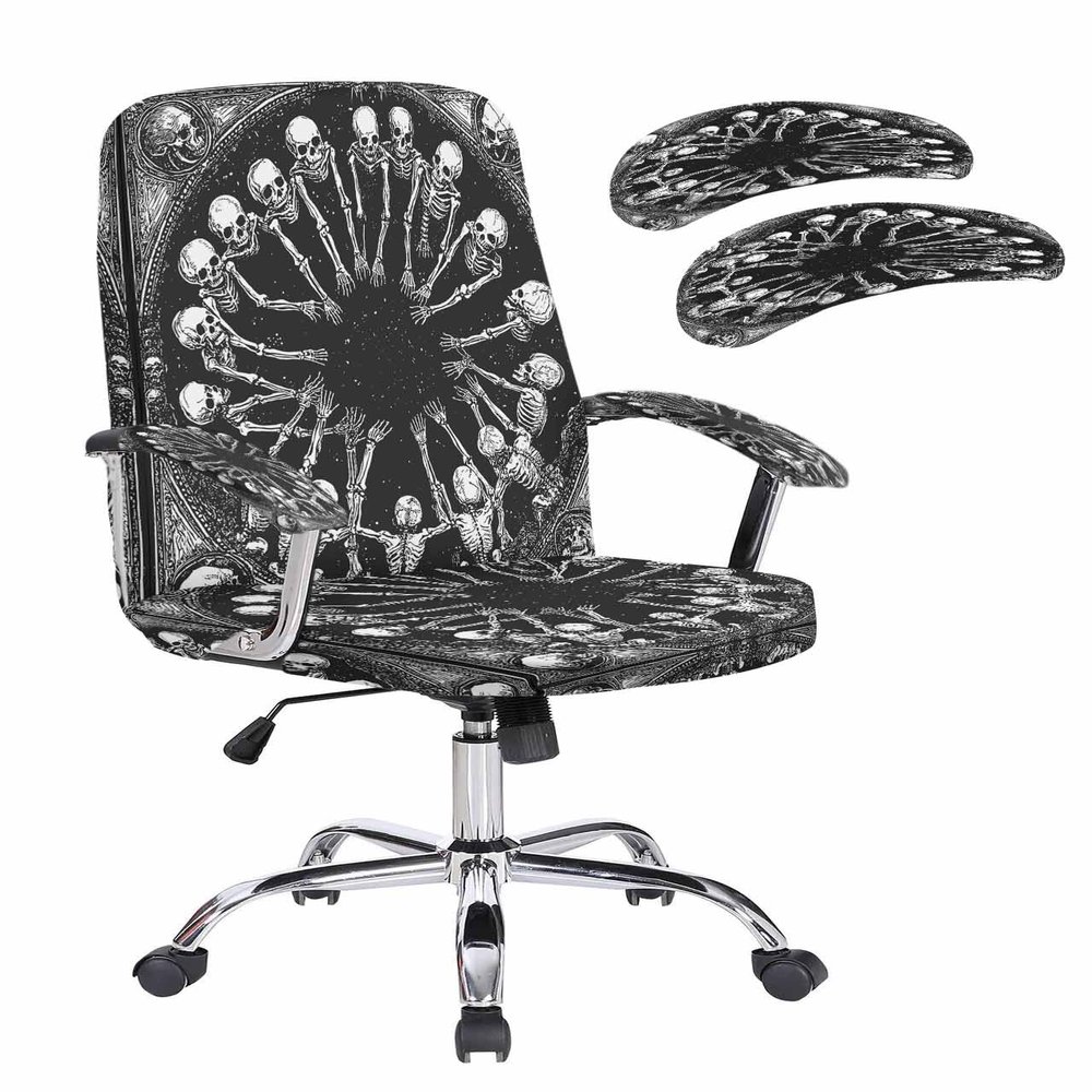 Kewadony Office Chair Cover with Armrest Covers Stretchable, Black Skull Skeleton Removable Universal Computer Chair Covers, Halloween Vintage Spooky Scary Slipcovers for Rotating Chair, Large