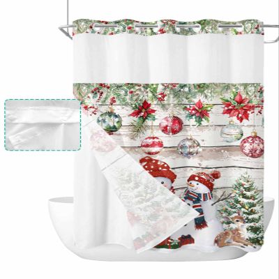 Christmas Snowman Snowflake No Hook Shower Curtain with Snap in Liner Shower Curtain Set for Bathroom Winter Poinsettia Xmas Balls Wooden Grain Shower Curtain with See Through Top Window 60"x72"