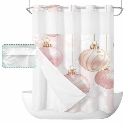 SEVENBABU Christmas Pink No Hook Shower Curtain with Snap in Liner Waterproof Fabric Shower Curtain Set for Bathroom Winter Balls Xmas Shower Curtain with See Through Top Window 36"x72"