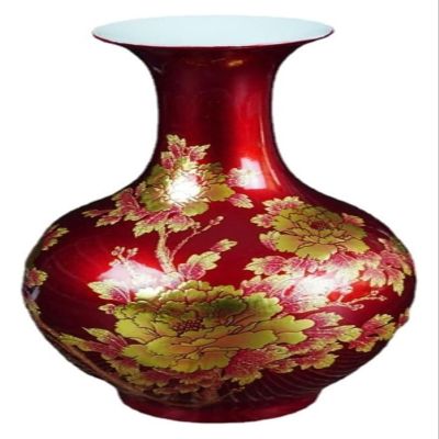 Decorative Ceramic Flower Vase 8.66 Inch Red Handcrafted Traditional Porcelain with Gold Floral Pattern Crystal Glaze Finish Home Decor Centerpiece Ornament for Living Room Office