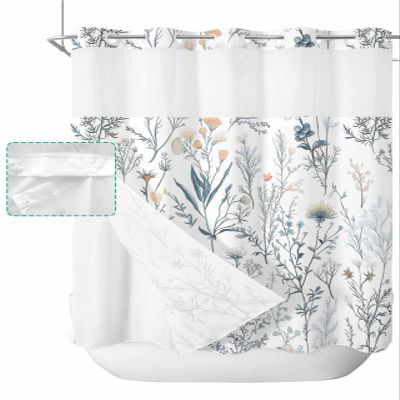 Botanical Floral No Hook Shower Curtain with Snap in Liner Waterproof Fabric Shower Curtain Set for Bathroom Flowers Leaves Plants Light Blue Shower Curtain with See Through Top Window 72"x72"