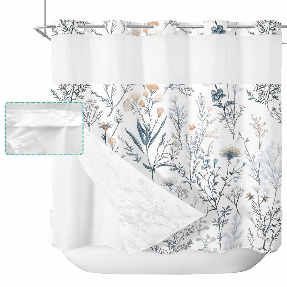 Botanical Floral No Hook Shower Curtain with Snap in Liner Waterproof Fabric Shower Curtain Set for Bathroom Flowers Leaves Plants Light Blue Shower Curtain with See Through Top Window 72"x72"