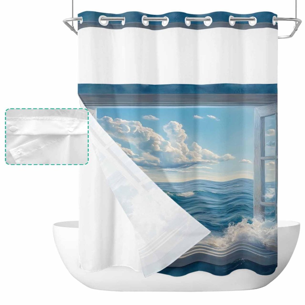 Coastal Wave Blue No Hook Shower Curtain with Snap in Liner Waterproof Fabric Shower Curtain Set for Bathroom Sky Clouds Beach Windows on Ocean Shower Curtain with See Through Top Window 36"x78"