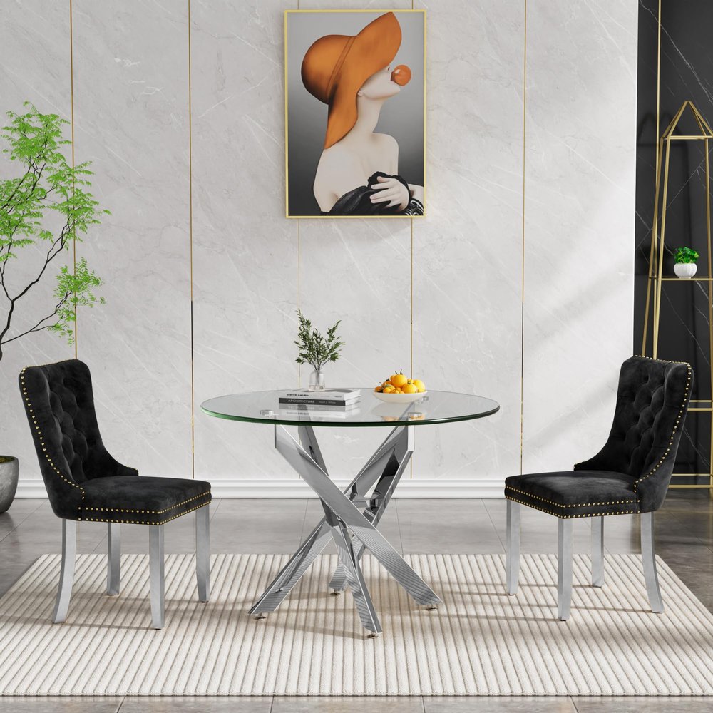 Henf 3 Piece Dining Table Set for 2,Glass Round Dining Table and 2 Black Fabric Dining Chairs,35.4'' Round Dining Room Table with Silver Metal Legs,Compact Kitchen Table and Chair Set for 2