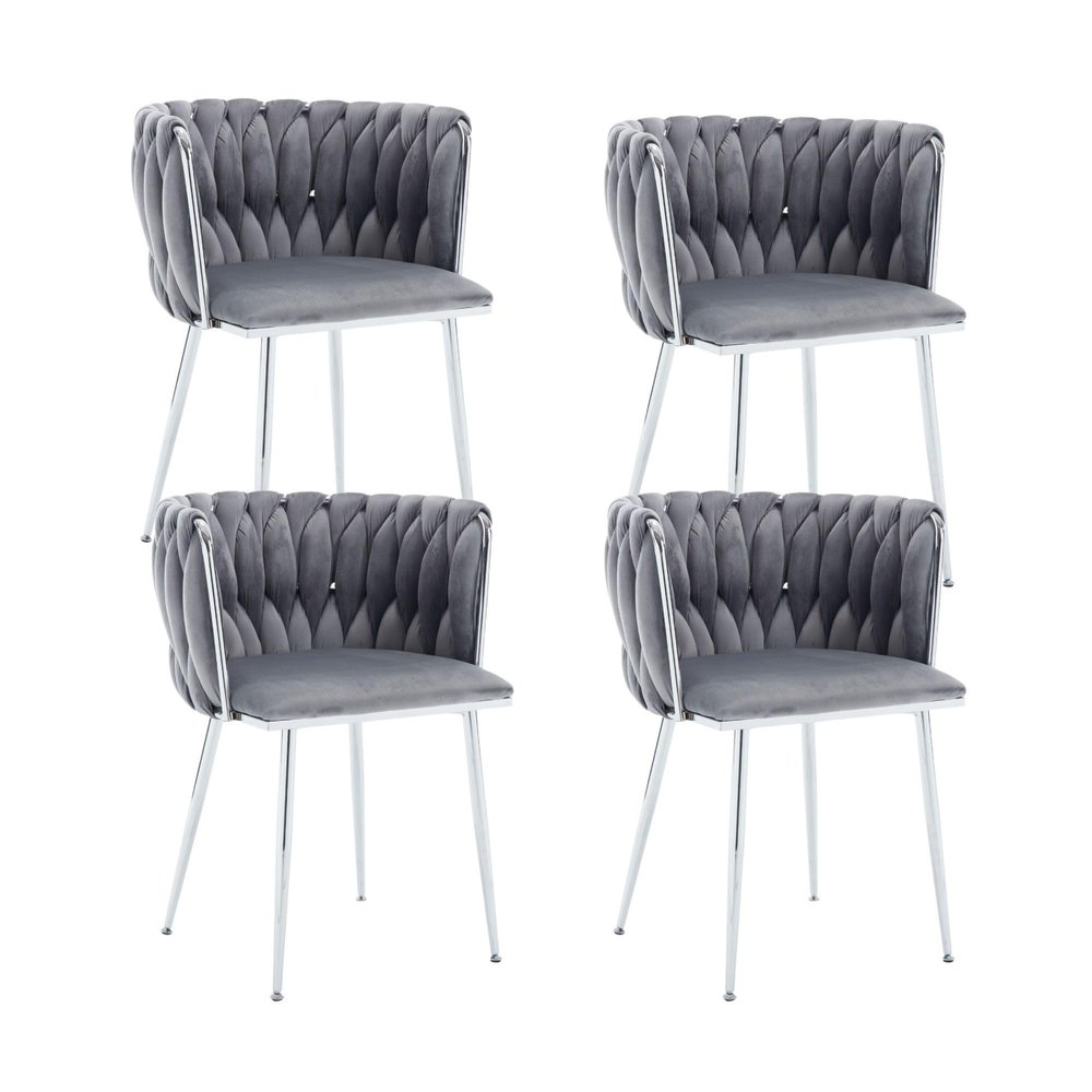 Haplized Velvet Dining Chairs Set of 4,Woven Upholstered Living Room Chairs,Modern Kitchen & Dining Room Chairs,Leisure Accent Chairs with Silver Metal Legs,Grey