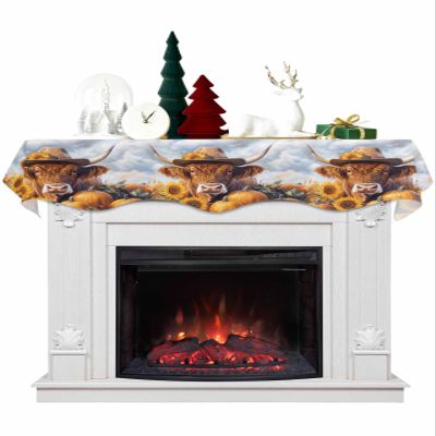 Fall Cow Sunflower Fireplace Mantel Scarf Cover, Thanksgiving Pumpkin Blue Sky Mantel Shelf Top Scarf Runner for Christmas Halloween Thanksgiving Fall Indoor Decorations 90'' L x 17'' W