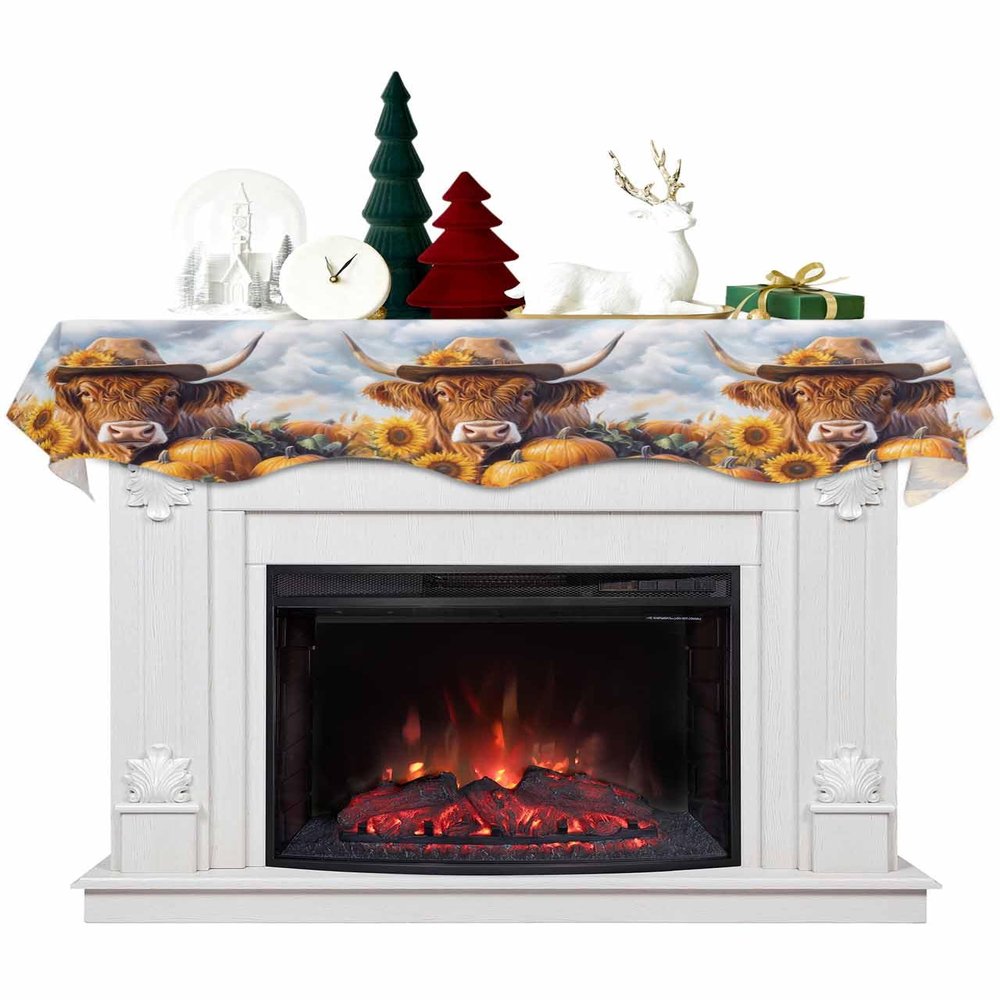 Fall Cow Sunflower Fireplace Mantel Scarf Cover, Thanksgiving Pumpkin Blue Sky Mantel Shelf Top Scarf Runner for Christmas Halloween Thanksgiving Fall Indoor Decorations 90'' L x 17'' W