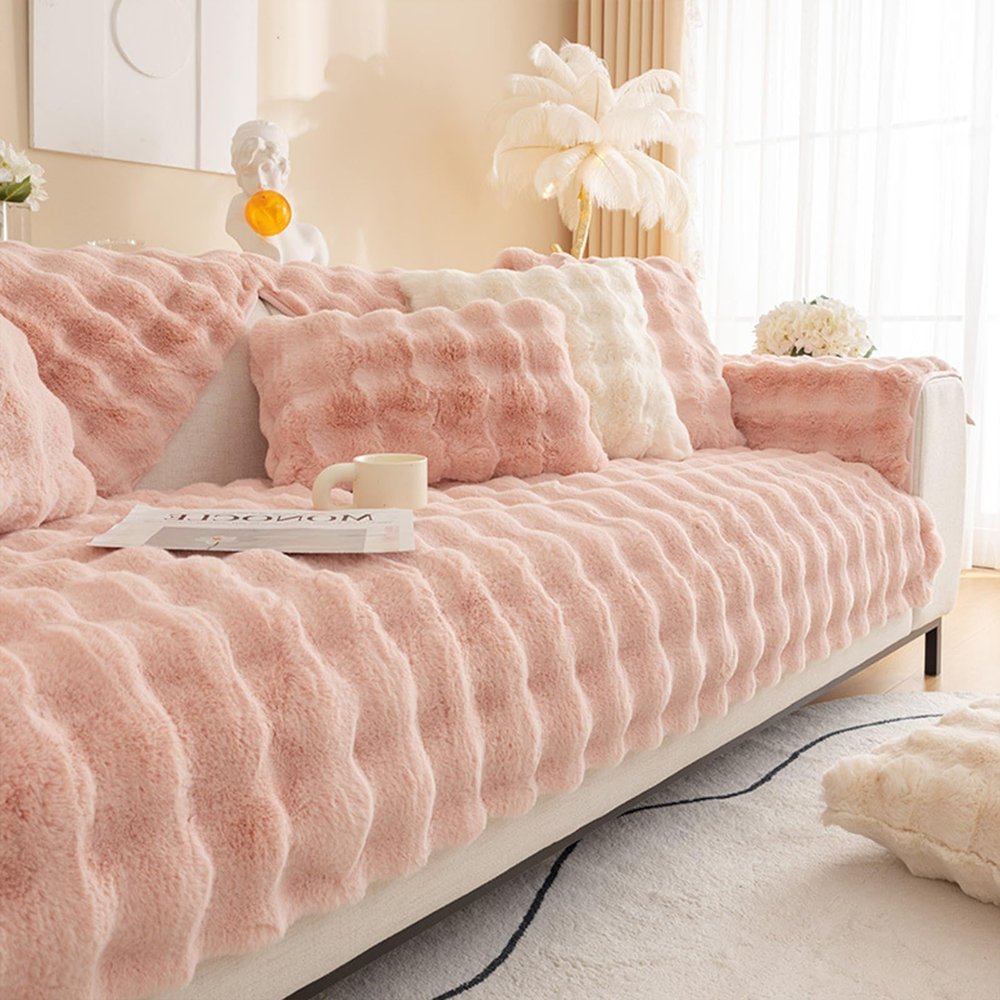 Docxide 2025 New Fluffy Plush Striped Furniture Protector Couch Cover (90 * 210CM,Pink)