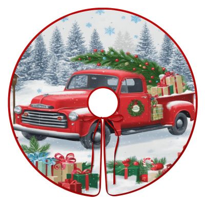 Christmas Tree Watercolor Red Truck Snow (3) Xmas Tree Skirt,Tree Skirts Christmas Tree Mat Decorations Merry Christmas Ornaments New Year Holiday Party Decor 30'in