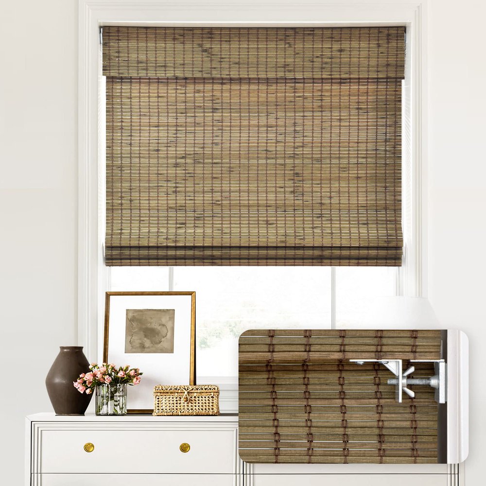 LazBlinds No Drill Bamboo Roman Shades, 17" W x 56" H, Driftwood