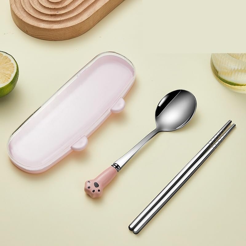 ONUIFIKE Silverware Set, 2/8/12/16pcs Cartoon Cat Claw Chopsticks Spoon Set Ceramic Stainless Steel Portable Tableware Set, Home Cutlery Flatware Set(Pink,2 Piece set for 1)