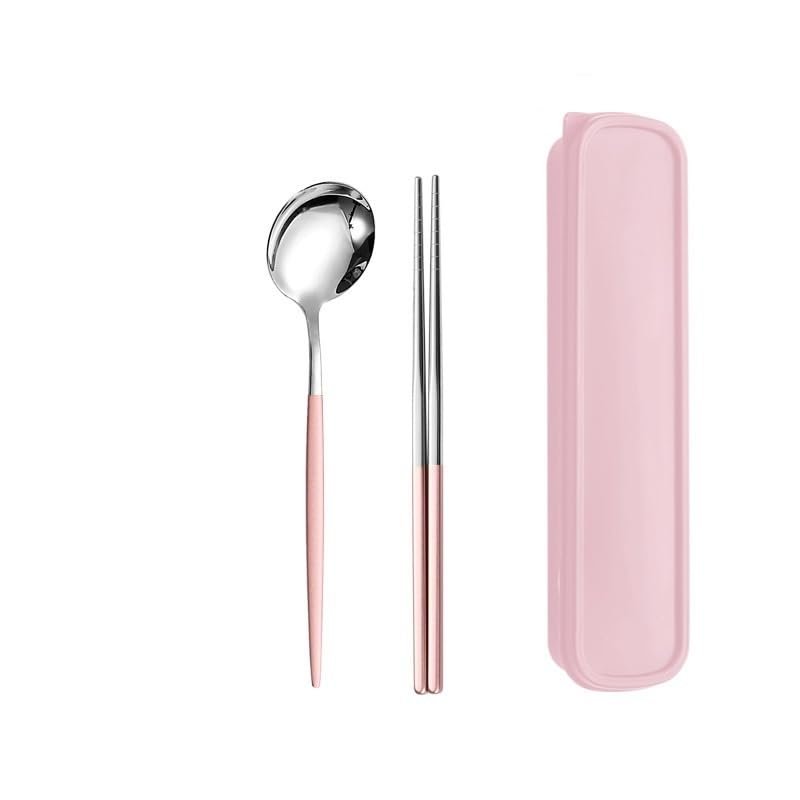 IFAJOOR Flatware Silverware Set, 2/8/12/16/20/24pcs Stainless Steel Cutlery Spoon Chopsticks Set Portuguese Student Cutlery Outdoor Portable Cutlery, Tableware Cutlery Set(Pink Silver,6Set)