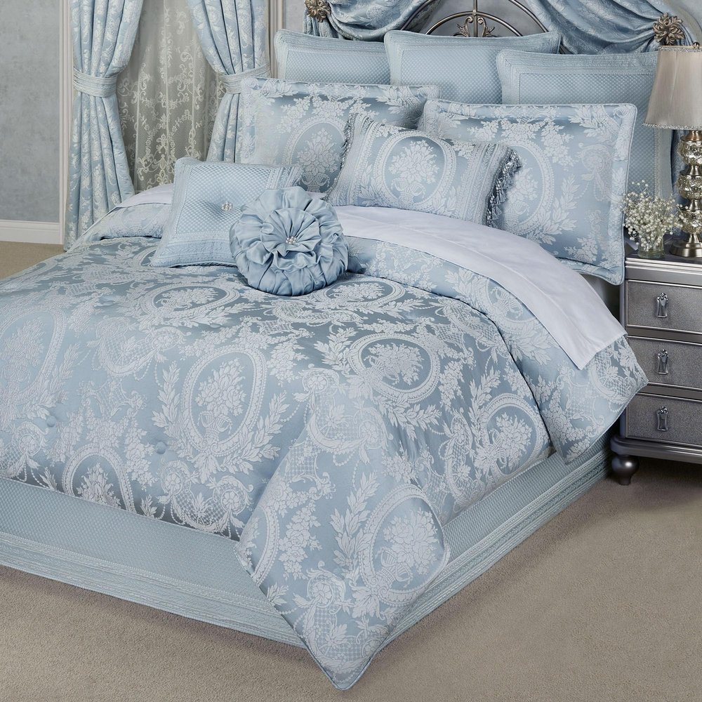 Contessa Luxury Bedding | Iced Platinum and Pastel Powder Blue | Puff Jacquard-Woven Traditional Floral Bouquet and Swag Motifs | 4 Piece Set includes Cal King Comforter, Bedskirt, and 2 King Shams