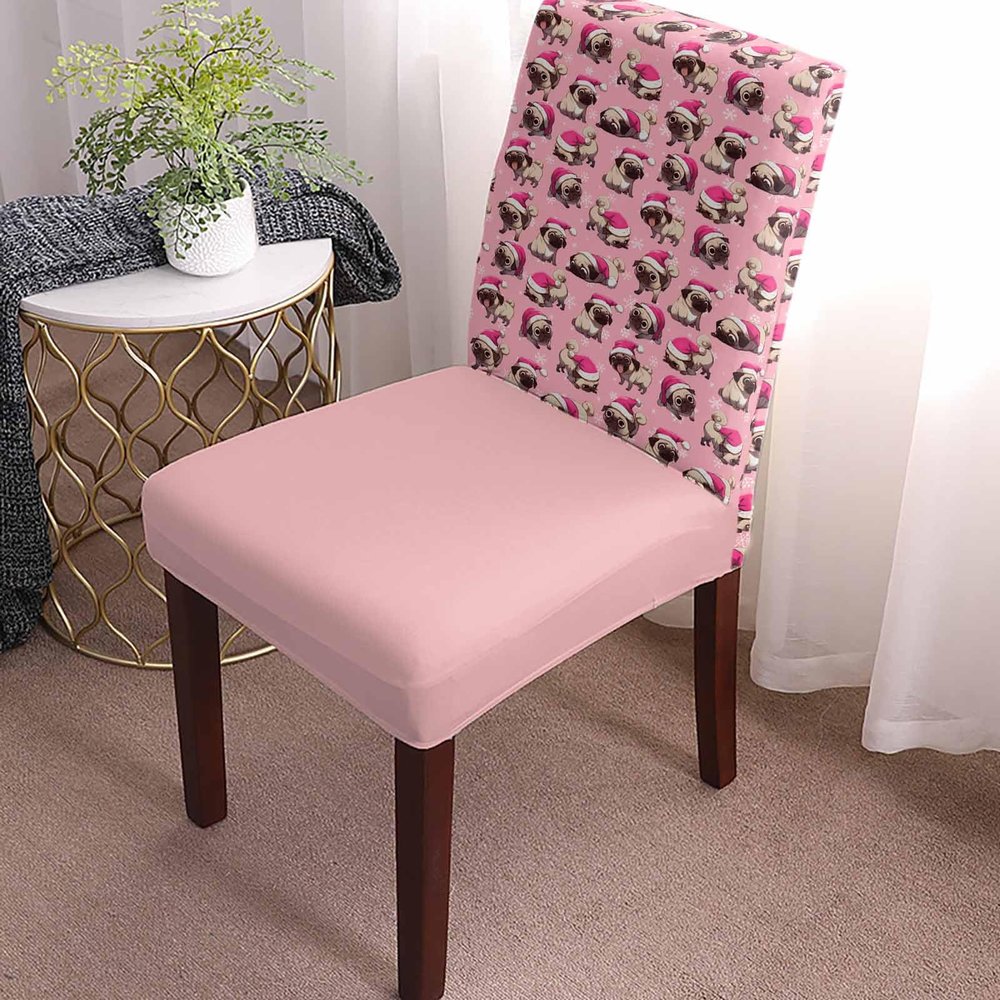 8 Pcs Dining Chair Covers Stretch Spandex Slipcovers Christmas Seamless Bulldog Santa Hat Removable Dining Room Seat Cover Cushion Protector for Home Hotel Banquet Decor Winter Snowflake on Pink