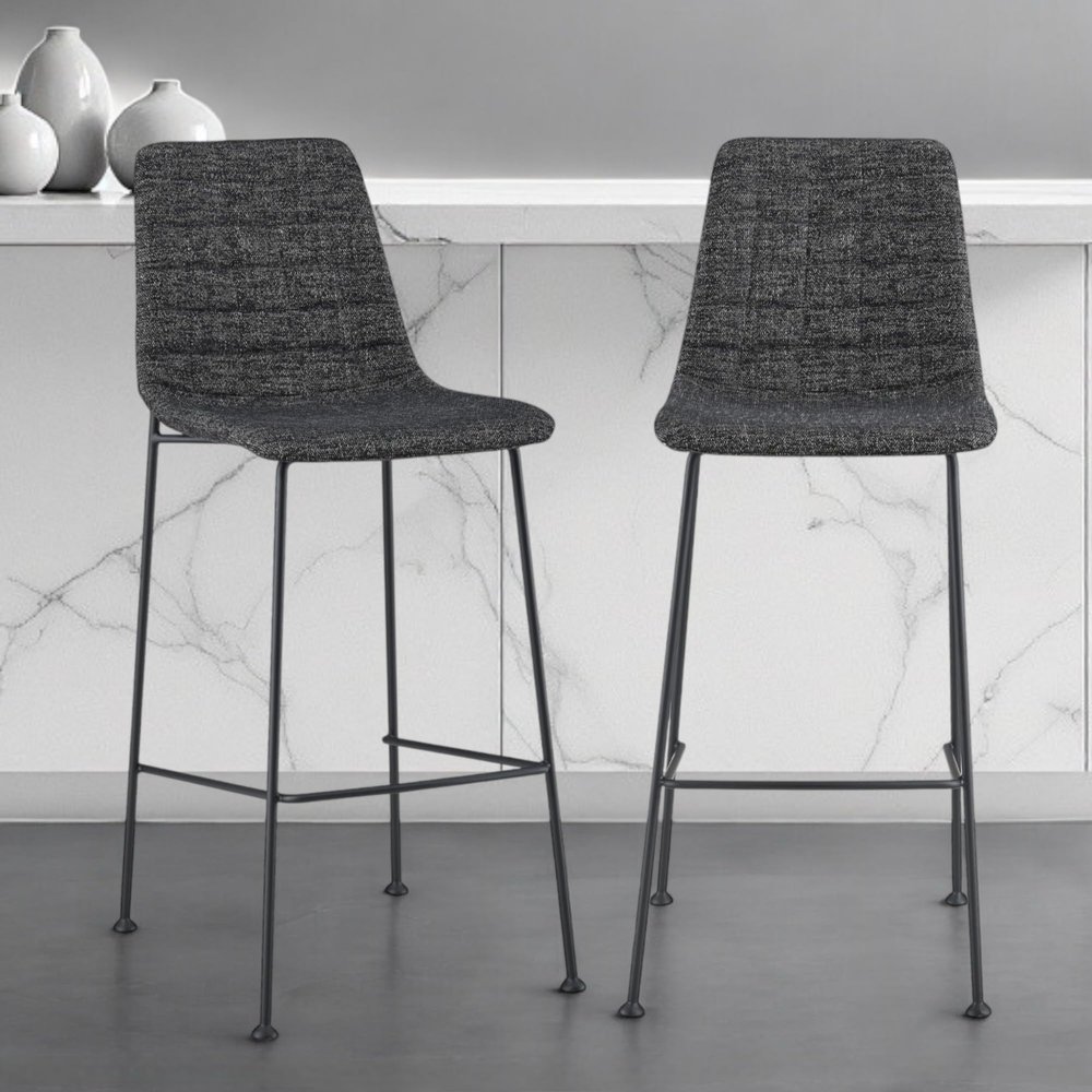 HomeRoots Set of Two 30" Black Fabric and Steel Low Back Bar Height Bar Chairs