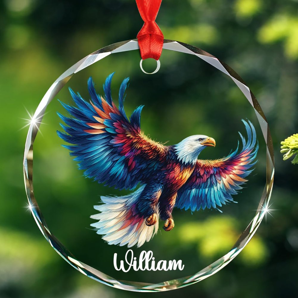 Personalized Bald Eagle Lover Glass Christmas Ornament, Bald Eagle Bird Xmas Ornaments Gift for Men Women Family, Beautiful Bald Eagle Christmas Ornament, Custom Name Bald Eagle Lover Glass Ornaments