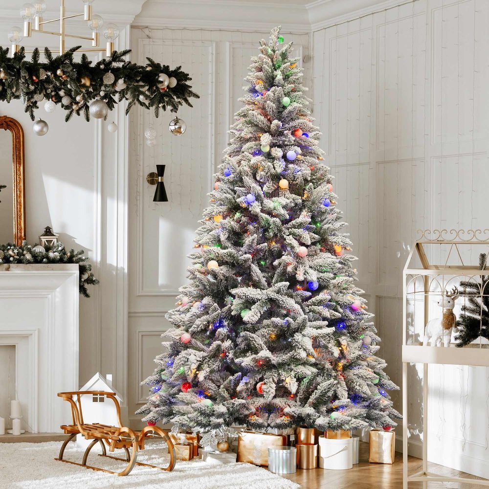 7.5ft Prelit Christmas Tree, Snow Flocked Artificial Spruce Tree with 480 LED Lights & 1117 Tips, Easy Assembly Hinged Branches & Foldable Stand