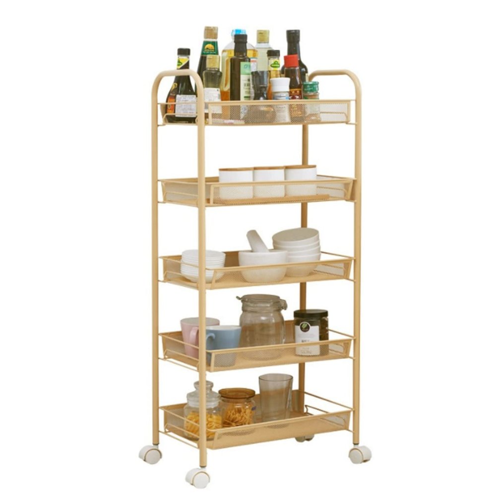 Rolling Utility Cart with Carbon Steel Storage Wood Top and Wheels Multi Layer Storage Shelf Rack for Kitchen Office Bathroom Garage Movable and Convenient Storage Cart