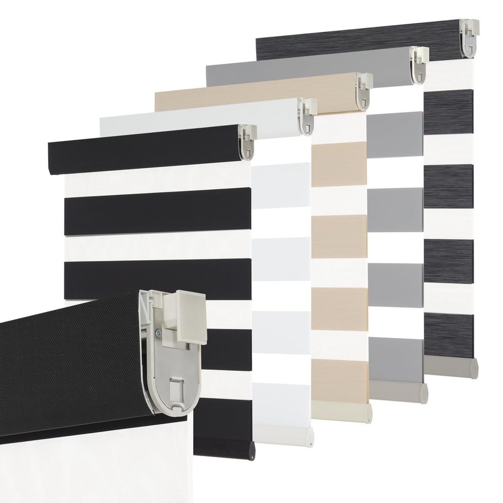 Persilux No Drill No Tool Zebra Blinds Dual Layer Privacy for Day and Night Window Blinds Light Filtering Cordless Shades for Windows,Easy to Install Thermal Insulated,Black,66.5" W x 84" H