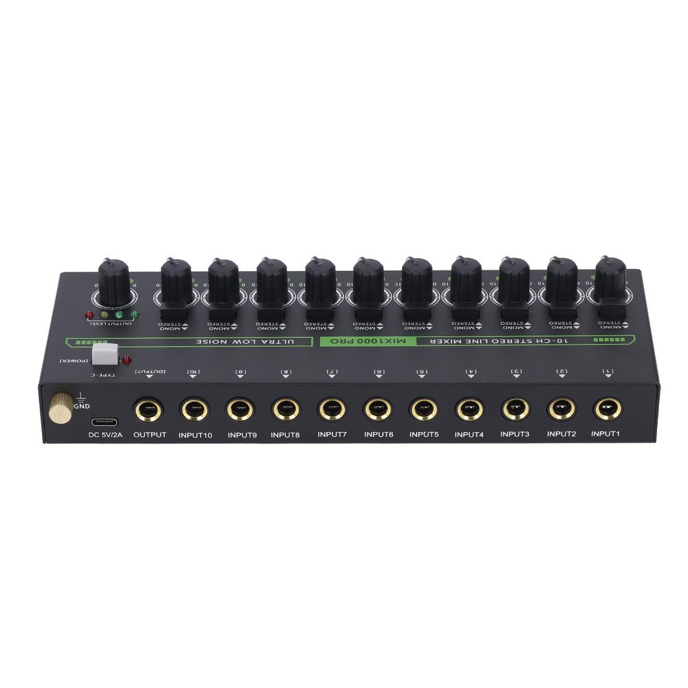 Zopsc 10 Channel Line Mixer, Stereo Mixer with RGB Light, Low Noise, for Guitar Keyboard Drum Stage Mixing, Mono Switching Output, DC 5V Power, Metal Housing