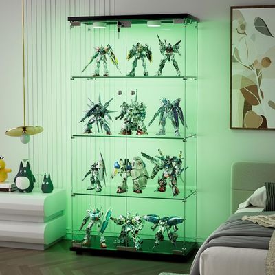 Maotifeys 64" Glass Cabinet, 4 Shelves Glass Display Cabinet with LED Lights, Glass Storage Cabinet with 2 Doors, Curio Cabinet Toy Organizers Rack, Display Shelf, Kids Bookshelf for Bedroom, Black