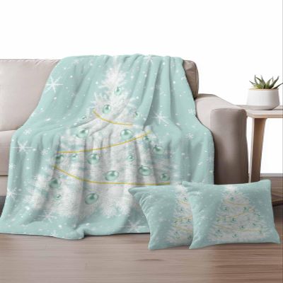 Aqua Christmas Tree Blanket and 18x18 Pillow Covers Set of 2,White Snowflakes Xmas Holiday Fleece Blanket Twin Size 60"x80" Decorative Throw Pillow Case,3 Piece Bedding Set for Couch Sofa Chair Bed