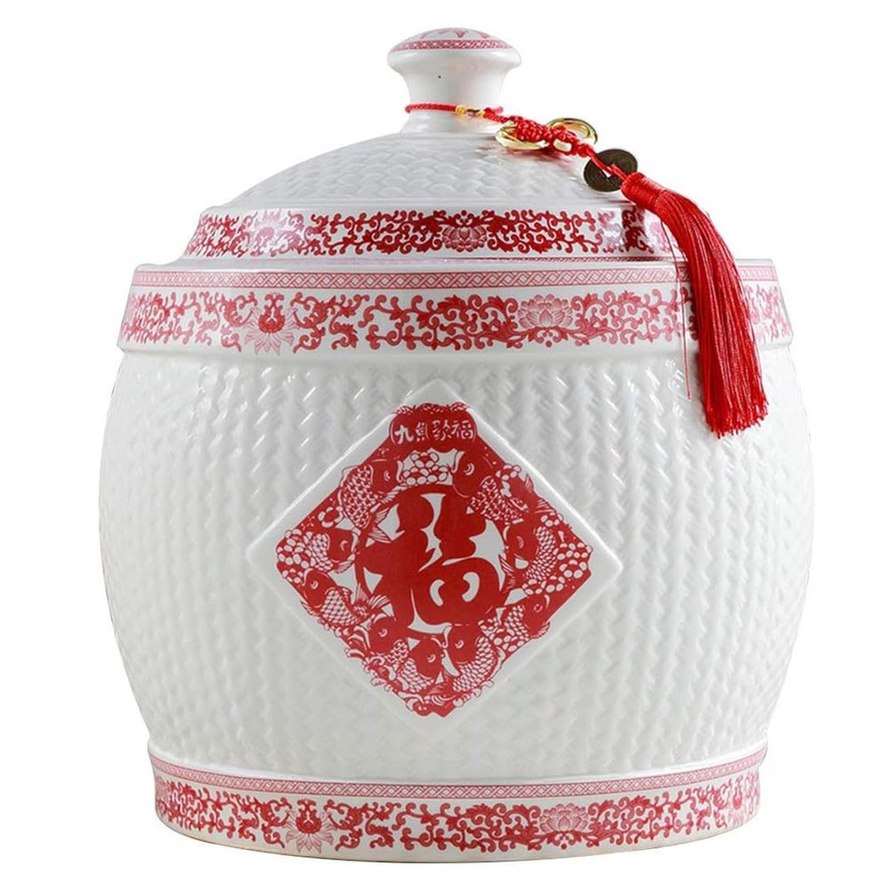 JIXDILO Chinese Ceramic Rice Bucket, Large Grain Dispenser, Food Storage Container with Lid, Sealed Rice Storage Jar for Noodles Rice Snacks(21x27cm(8x11inch), E)