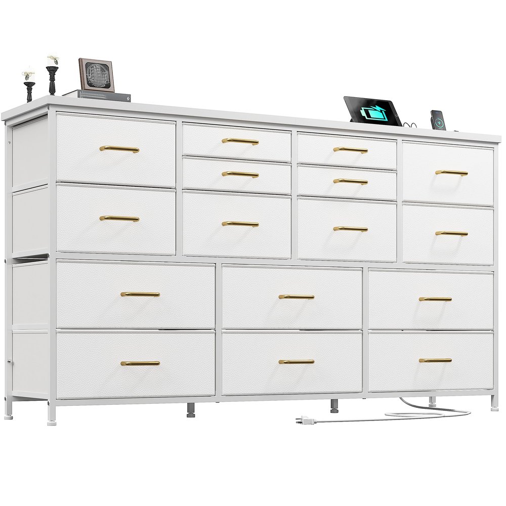 EnHomee Dressser for Bedroom Dresser with 16 Drawers TV Stand for Bedroom for 60" TV Long Dressers & Chests of Drawers Large Dresser with Charging Station, 51.5" W*11.7" D*34.6" H, White