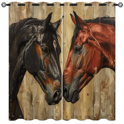 Horse Head Blackout Curtains for Girls Boys Kids Home Decor, Animal Brown Red Horses Farmhouse Wooden Grommet Thermal Insulated Drapes Darkening Window Curtain for Bedroom Living Room, 63 x 63 Inch