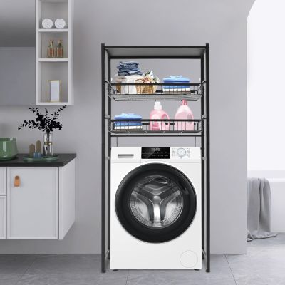 WXLTSGM 3 Tier Washing Machine Shelf, Multifunctional Laundry Room Storage Shelf, Over Washer and Dryer Shelves Space Saving Organizer for Storing Paper Towels, Cleaning Supplies, Cosmetics (Black)