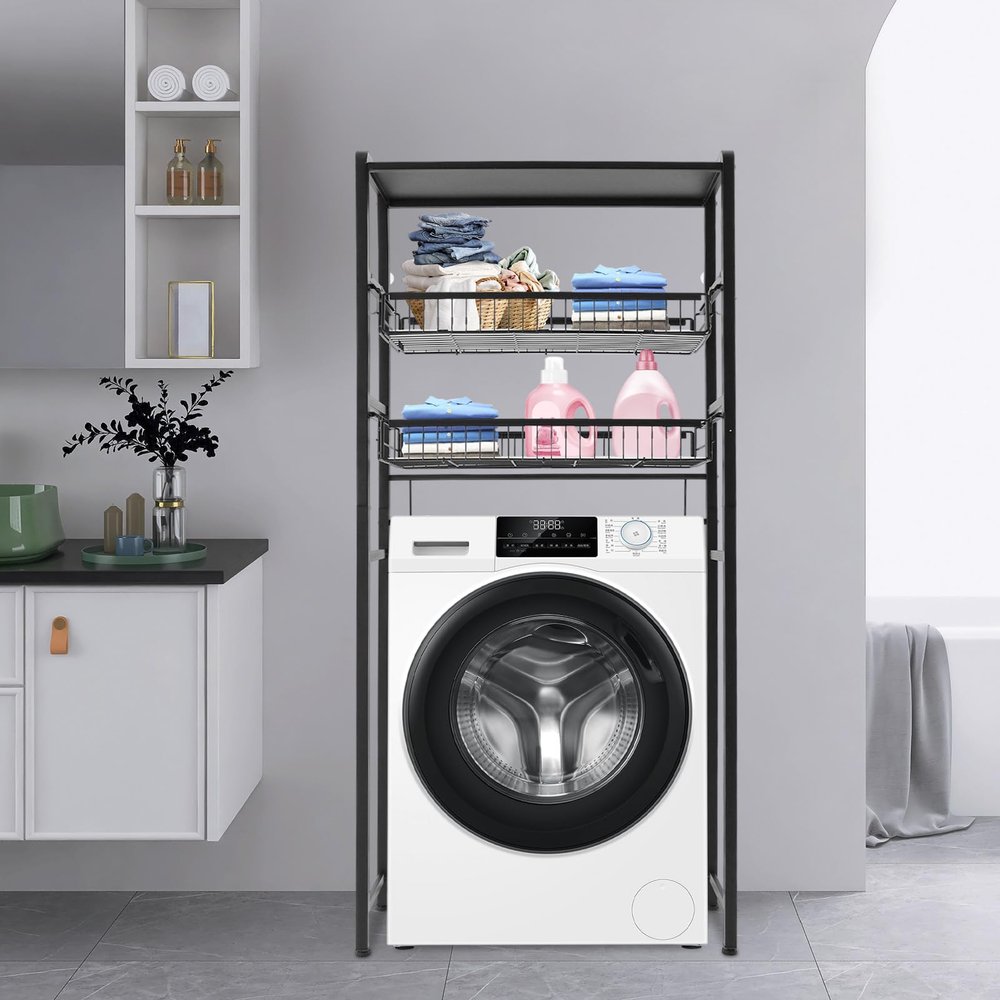 WXLTSGM 3 Tier Washing Machine Shelf, Multifunctional Laundry Room Storage Shelf, Over Washer and Dryer Shelves Space Saving Organizer for Storing Paper Towels, Cleaning Supplies, Cosmetics (Black)