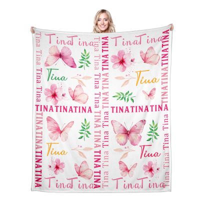 Custom Blanket with Name - Pink Butterfly Style - Personalized Blankets for Adults Teen Girls Customized Blanket Birthday Gifts for Daughter, Mom, Sister, Best Friend, Grandma Flannel Throw Blanket