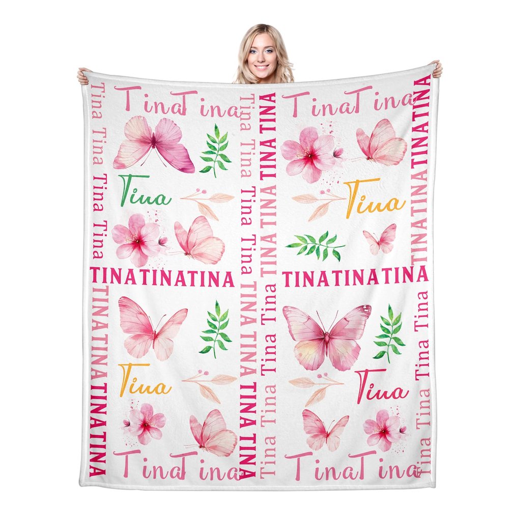 Custom Blanket with Name - Pink Butterfly Style - Personalized Blankets for Adults Teen Girls Customized Blanket Birthday Gifts for Daughter, Mom, Sister, Best Friend, Grandma Flannel Throw Blanket