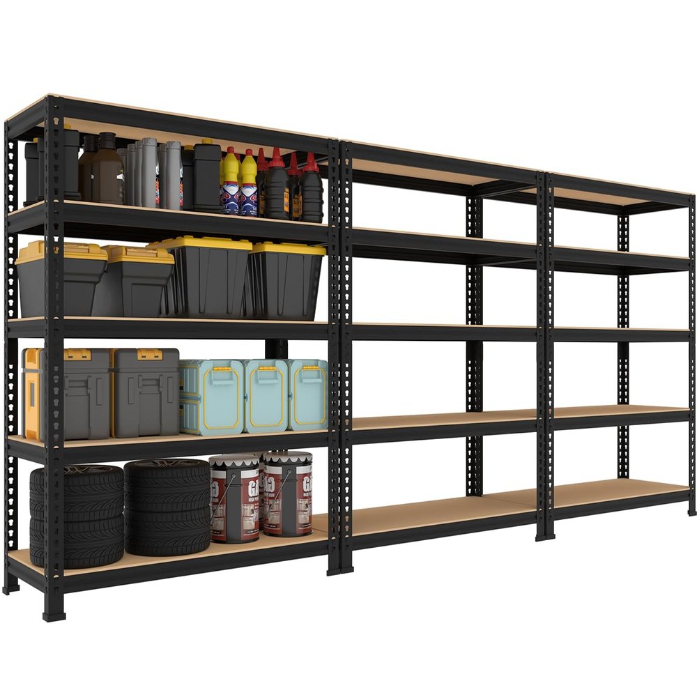 BuxWellBang 5 Tier Garage Storage Shelves - 32" W x 16" D x 63" H Adjustable Heavy Duty Metal Shelving Unit, Garage Shelving Utility Storage Rack for Basement, Pantry, Kitchen, Black, 3 PCS