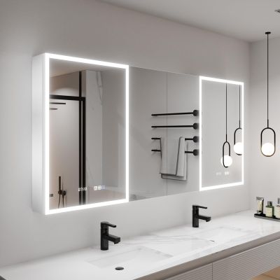ExBrite LED Lighted Bathroom Medicine Cabinet 64 x 30 Inch, led Medicine Cabinet with Extra Closed Storage Cabinet,Defog,Temper/Clock,Dimming,Color Temper Change, Night Light,2 Outlets,Storage Shelves